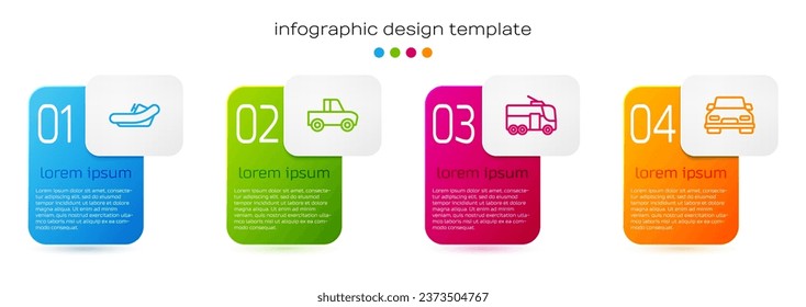 Set line Rafting boat, Pickup truck, Trolleybus and Car. Business infographic template. Vector