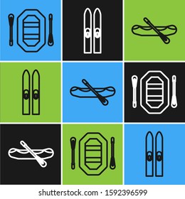 Set line Rafting boat, Rafting boat and Ski and sticks icon. Vector