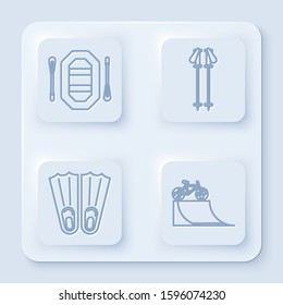 Set line Rafting boat, Ski poles, Rubber flippers for swimming and Bicycle on street ramp. White square button. Vector