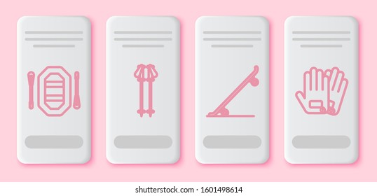 Set line Rafting boat, Ski poles, Skateboard and Gloves. White rectangle button. Vector