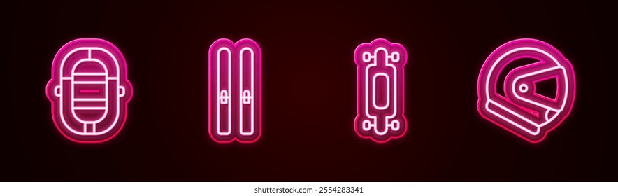 Set line Rafting boat, Ski and sticks, Longboard or skateboard and Helmet. Glowing neon icon. Vector