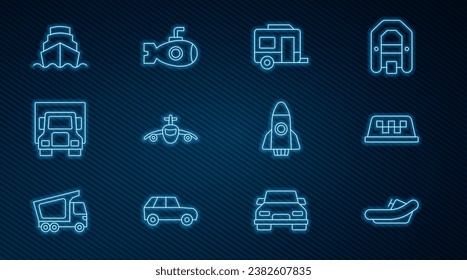 Fijar la línea de Rafting boat, Taxi car techo, Rv Camping trailer, Plane, Vela de carga, Cruise ship, Rocket and Submarine icon. Vector