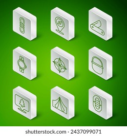 Set line Rafting boat, Tourist tent, Climber rope, Wind rose, Smartwatch, Compass, Location of the forest and Camping pot icon. Vector