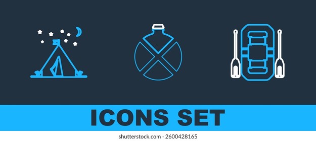 Set line Rafting boat, Tourist tent with flag and Canteen water bottle icon. Vector