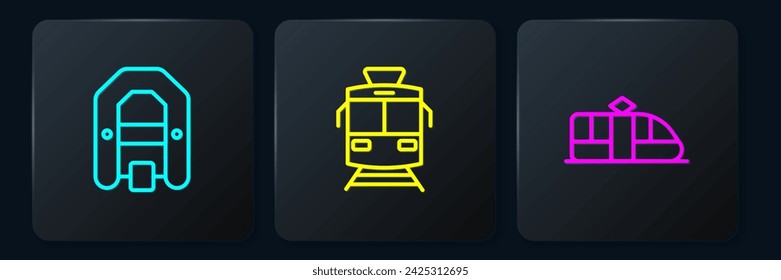 Set line Rafting boat, Tram and railway and . Black square button. Vector