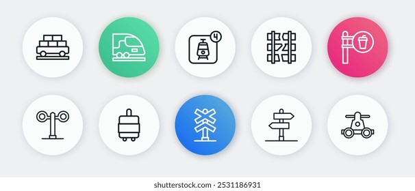 Set line Railroad crossing, Cafe and restaurant location, Train traffic light, Road sign, Broken or cracked railway, Online ticket booking, Handcar transportation and Suitcase icon. Vector