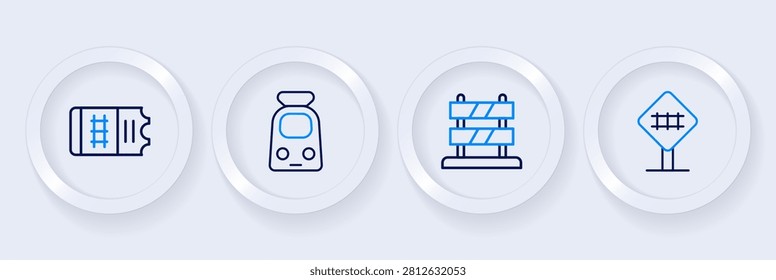 Set line Railroad crossing, End of railway tracks, Train and and ticket icon. Vector