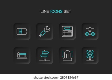 Set line Railroad crossing, Flasher siren, Road traffic sign, Railway, railroad track, Handcar transportation, Train station board, Wrench spanner and ticket icon. Vector