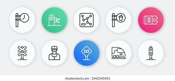 Set line Railroad crossing, Train ticket, High-speed train, Cafe and restaurant location, Railway map, traffic light and conductor icon. Vector