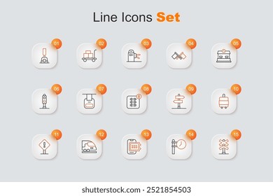 Set línea de cruce de ferrocarril, reloj de la estación de tren, reserva de boletos en línea, tren de alta velocidad, signo de exclamación cuadrado, maleta, señal de tráfico e icono. Vector