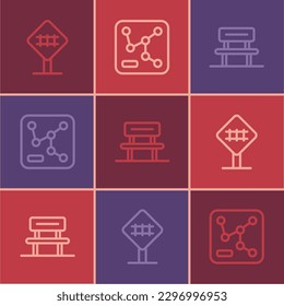 Set line Railroad crossing, Waiting hall and Railway map icon. Vector