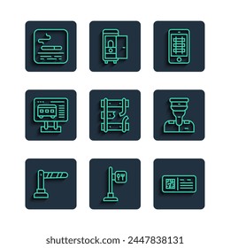 Set line Railway barrier, Cafe and restaurant location, QR code ticket train, Buy online, Broken rails railway, Ticket office to buy tickets, Smoking area and Train conductor icon. Vector