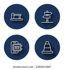 Set line Railway barrier, Road traffic sign, Online ticket booking and Traffic cone with long shadow. Blue circle button. Vector