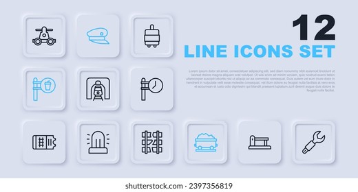 Set line Railway barrier, Wrench spanner, Train in railway tunnel, Coal train wagon, Cafe and restaurant location, Flasher siren, driver hat and Broken or cracked icon. Vector