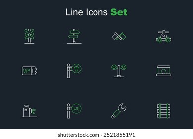 Barrera de ferrocarril, llave inglesa, inodoro, torniquete, túnel, semáforo de tren, ubicación de cafetería y restaurante e icono de boletos. Vector