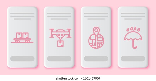 Set line Railway carriage , Delivery drone with the package , Placeholder on map paper in perspective  and Umbrella and rain drops . White rectangle button. Vector