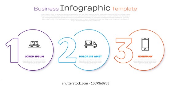 Set line Railway carriage , Post truck  and Mobile phone with app delivery tracking. Business infographic template. Vector