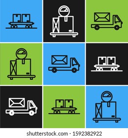 Set line Railway carriage , Post truck  and Scale with cardboard box  icon. Vector