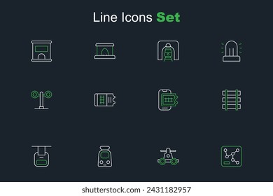 Set line Railway map, Handcar transportation, Train railway, Cable, barrier, Online ticket booking,  and traffic light icon. Vector