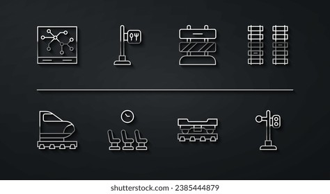Set line Railway map, High-speed train, Railway, railroad track, Cargo wagon, Waiting room, Cafe and restaurant location, Train traffic light and End of railway tracks icon. Vector