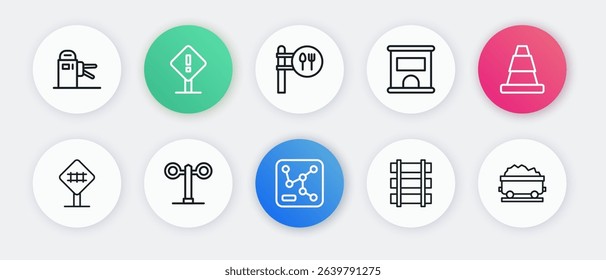 Set line Railway map, Traffic cone, Railroad crossing, Railway, railroad track, Ticket office to buy tickets, Cafe and restaurant location, Coal train wagon and Train traffic light icon. Vector