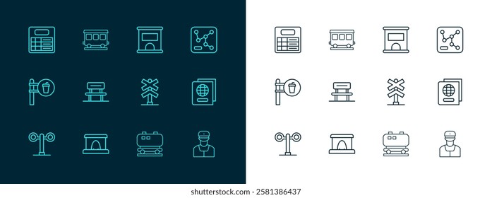 Set line Railway map, tunnel, Railroad crossing, Oil railway cistern, Waiting hall, Ticket office to buy tickets, Train station board and Passenger train cars icon. Vector