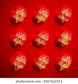 Set line Railway, railroad track, Cargo train wagon, Train station bell, Bridge for, Road traffic signpost, Buy ticket online, Ticket office to buy tickets and Railroad crossing icon. Vector