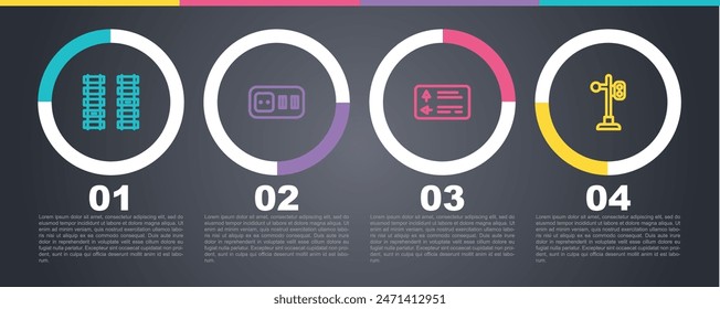 Set line Railway, railroad track, Electrical outlet, Road traffic signpost and Train light. Business infographic template. Vector