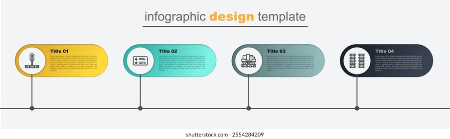 Set line Railway, railroad track, Cargo train wagon, Road traffic signpost and Train light. Business infographic template. Vector