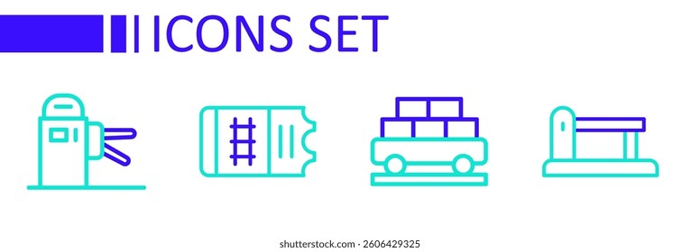 Set line Railway, railroad track, Cargo train wagon, Train ticket and Turnstile icon. Vector