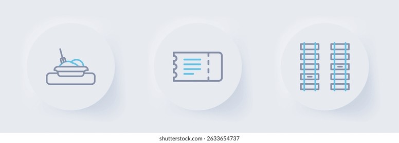 Set line Railway, railroad track, Train ticket and Plate with food icon. Vector