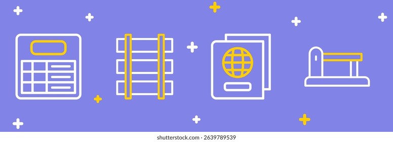 Set line Railway, railroad track, Passport, barrier and Train station board icon. Vector