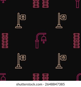 Set line Railway, railroad track, Cafe and restaurant location and Train station bell on seamless pattern. Vector