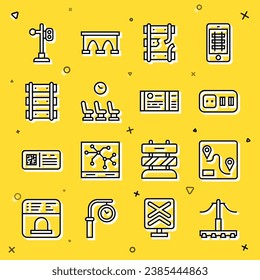 Set line Railway, Route location, Electrical outlet, Broken rails railway, Waiting room, railroad track, Train traffic light and ticket icon. Vector