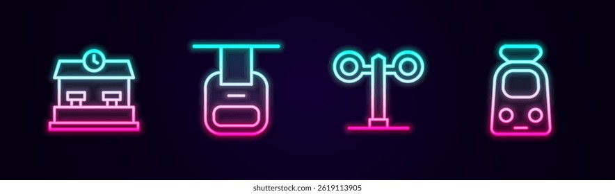 Set line Railway station, Cable car, Train traffic light and and railway. Glowing neon icon. Vector