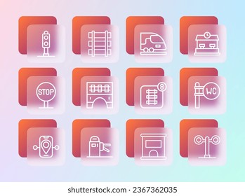 Set line Railway station, Turnstile, Online ticket booking, Ticket office to buy tickets, Bridge for train, High-speed, Train traffic light and Railway, railroad track icon. Vector