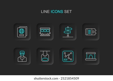 Fije la línea Túnel de ferrocarril, mapa, teleférico, conductor de tren, boleto, señal de tráfico, vagones de tren de pasajeros e icono de pasaporte. Vector