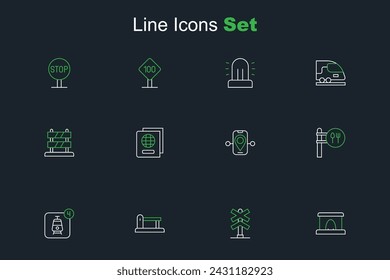 Set line Railway tunnel, Railroad crossing, Railway, railroad track, Online ticket booking, Cafe and restaurant location, Route, Passport and End of railway tracks icon. Vector
