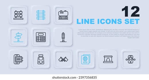 Set line Railway tunnel, Route location, Train station board, Passport, Road traffic sign, and railway, Railway, railroad track and Flag icon. Vector
