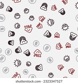 Set line Rainbow with cloud, Day night cycle, Compass south and Cloud and lightning on seamless pattern. Vector