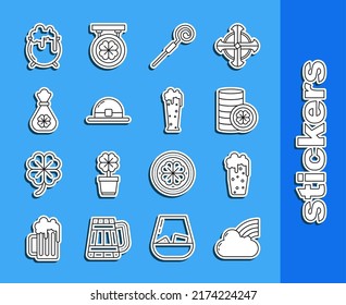 Set line Rainbow with cloud, Glass of beer, Gold coin four leaf clover, Walking stick, Leprechaun hat, Money bag, Witch cauldron and  icon. Vector