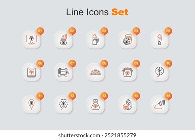 Set line Rainbow with cloud, Glass of beer, Money bag clover, Clover trefoil leaf, Balloon, Four, Pot gold coins and  icon. Vector