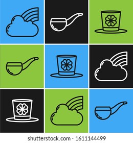 Set line Rainbow with cloud, Leprechaun hat and four leaf clover and Smoking pipe icon. Vector