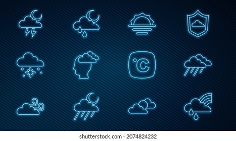 Set line Rainbow with cloud and rain, Cloud, Sunrise, Man having headache, snow, Storm, Celsius and moon icon. Vector