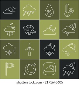 Set line Rainbow with cloud and rain, Cloud sun, Water drop percentage, Earth planet clouds, moon, Sun weather and  icon. Vector