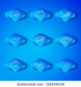 Set line Rainbow with cloud and rain, Sunrise, Meteorology thermometer, Sunset, Cloud, Storm and Water drop percentage icon. Vector