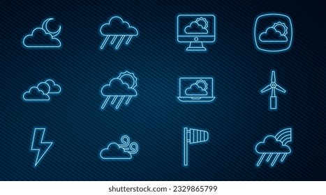 Set line Rainbow with cloud and rain, Wind turbine, Weather forecast, Cloud sun, Sun weather, moon,  and  icon. Vector