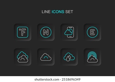 Set line Rainbow with cloud, Cloud rain, Compass west, Weather forecast app, north and Fahrenheit icon. Vector