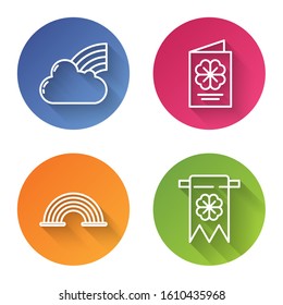 Set line Rainbow with cloud, Saint Patricks Day flyer, brochure, postcard, Rainbow and Four leaf clover and party pennant. Color circle button. Vector