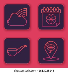 Set line Rainbow with cloud, Smoking pipe, Saint Patricks day with calendar and Location and four leaf clover. Blue square button. Vector